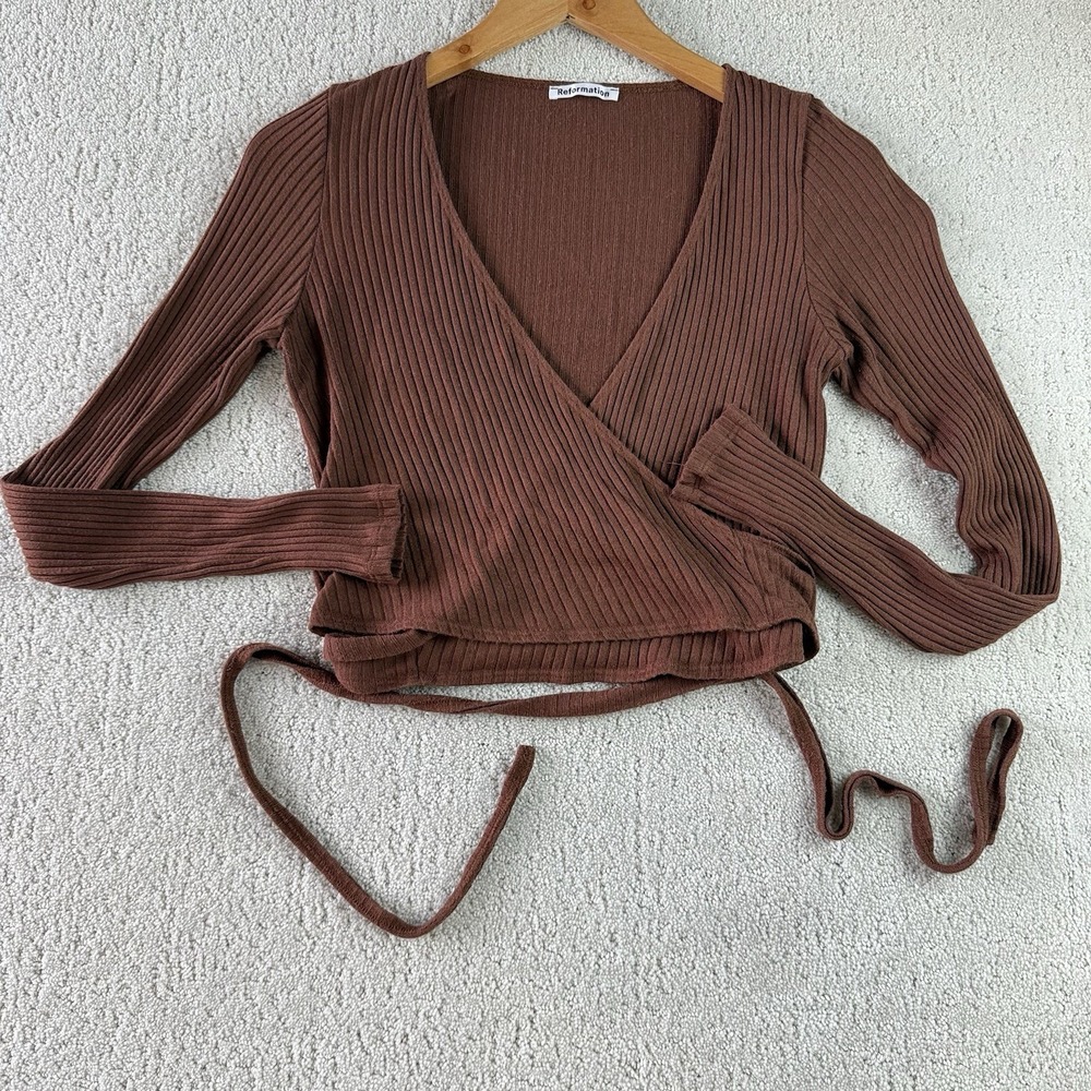 Reformation Chocolate Ribbed Wrap Blouse